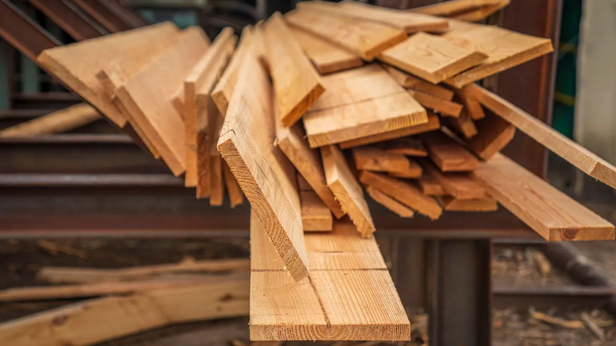 Aufgetrennter Holzbohlenquerschnitt mit sichtbarer Maserung nach dem Längsschnitt in einer Tischlerei